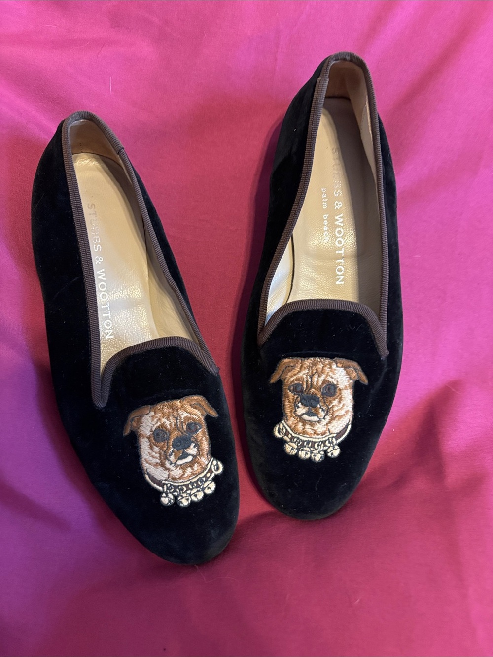 Stubbs & Wootton Black Velvet Bulldog Embroidered Loafers